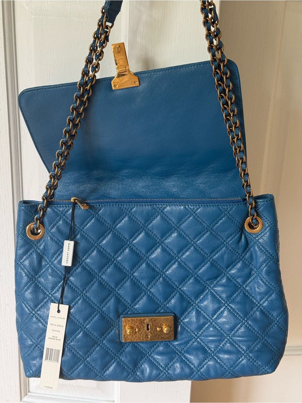 Marc Jacobs Quilted Teal-Blue Leather Shoulder Bag with Gold Chain